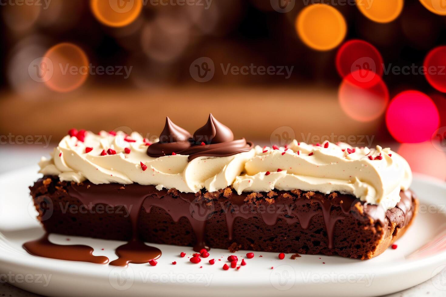 délicieux Chocolat gâteau avec crème et glaçage sucre sur une blanc plaque. éclairs avec Chocolat crème et cerise, génératif ai photo