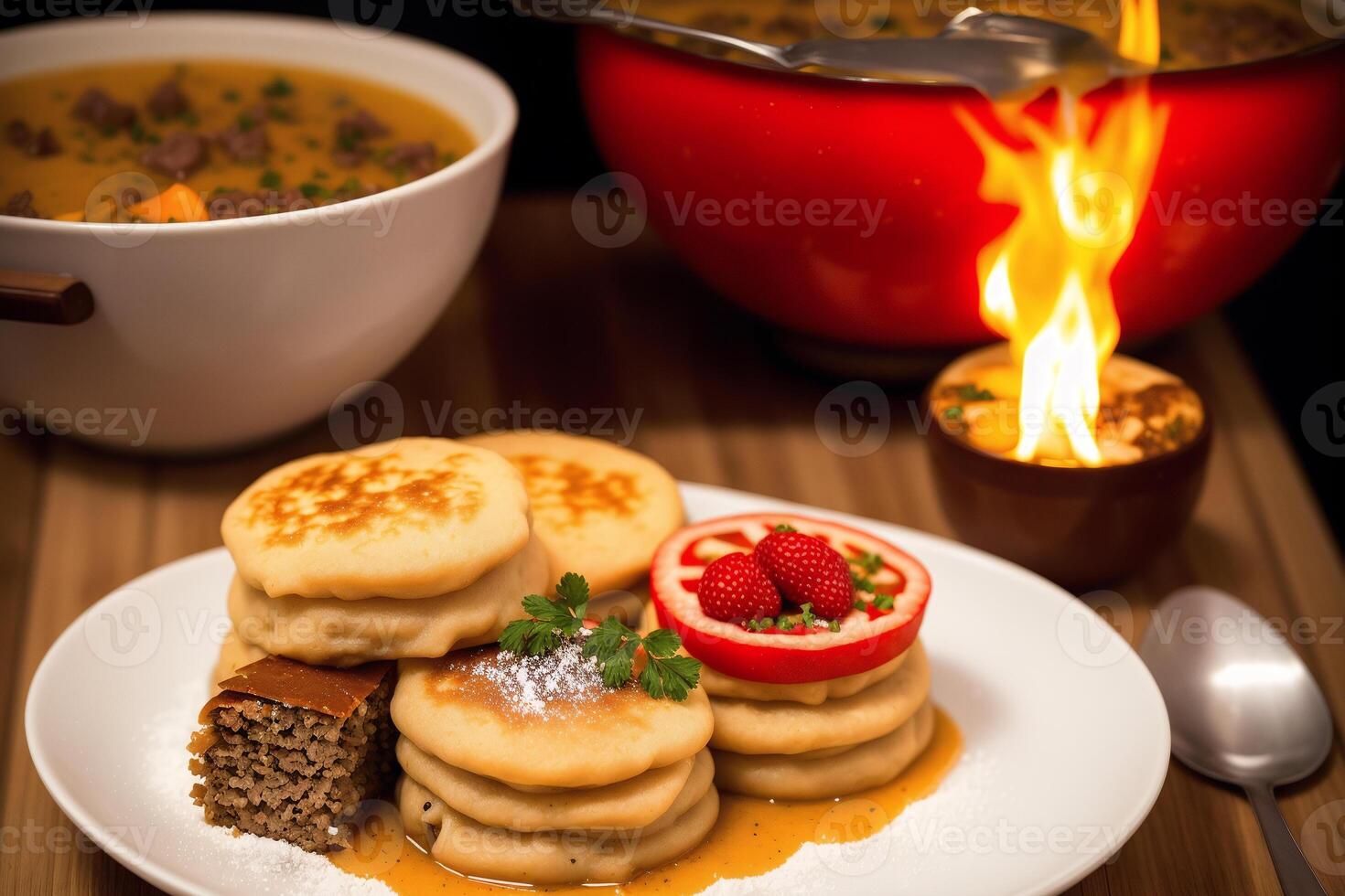 russe cuisine. Viande Dumplings farci avec des légumes et acide crème. Crêpes avec haché Viande et des légumes. génératif ai photo