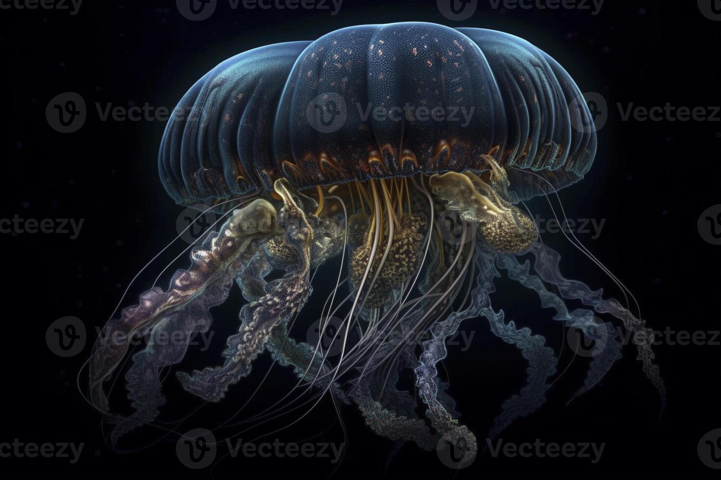 méduse embrasé dans le sombre, établi avec génératif ai photo