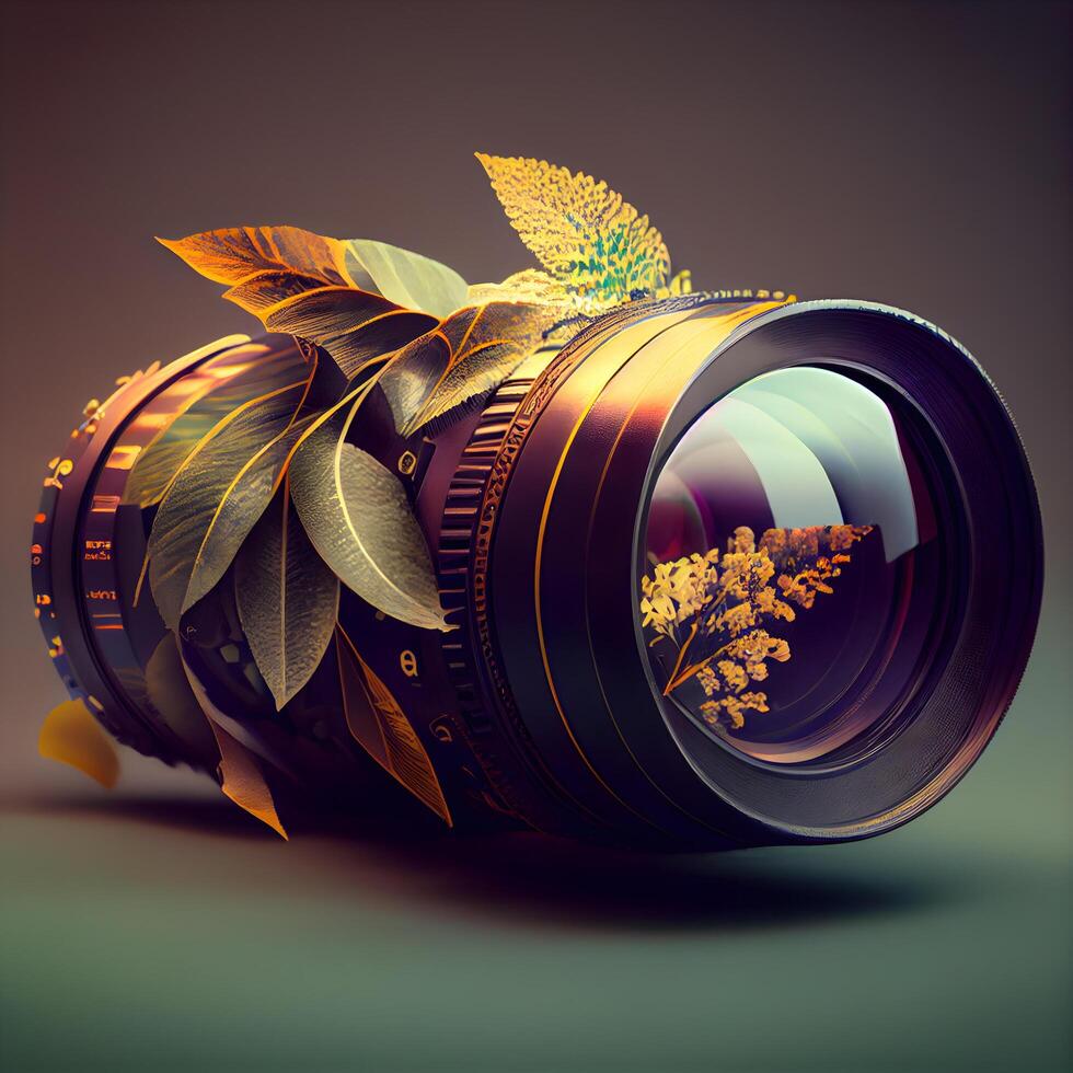 caméra lentille avec feuilles. la nature et la photographie concept. 3d le rendu, ai génératif image photo