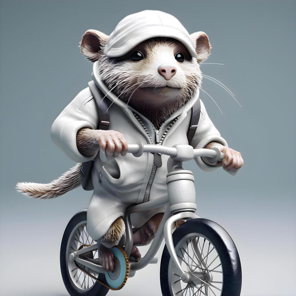 marrant furet monte une vélo sur une gris Contexte. 3d le rendu, ai génératif image photo