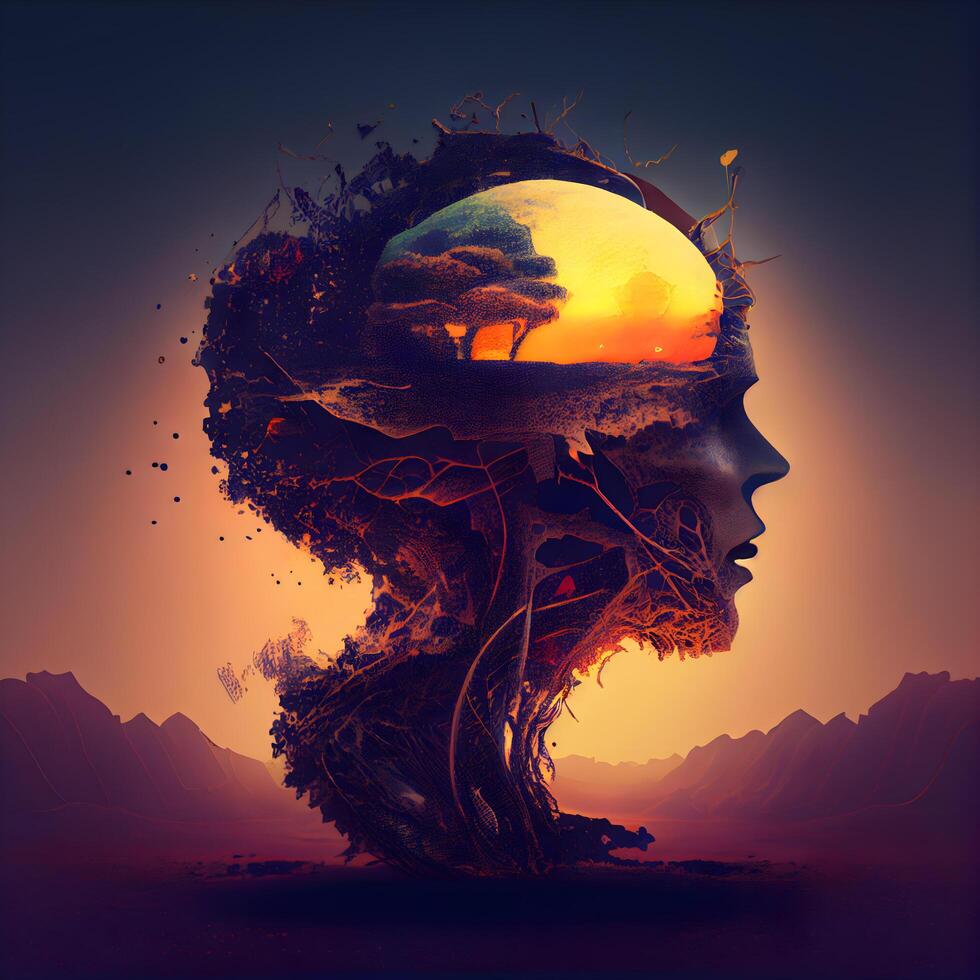 Humain tête avec arbre et Soleil. numérique peinture. 3d illustration., ai génératif image photo