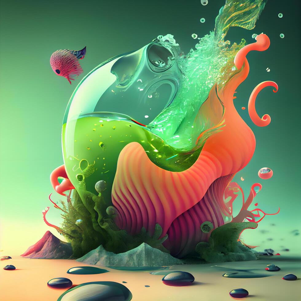 3d illustration de abstrait Contexte avec coloré vagues et bulles dans eau, ai génératif image photo