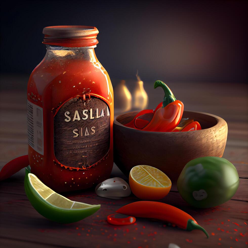 Chili sauce dans une pot sur en bois tableau. 3d illustration, ai génératif image photo