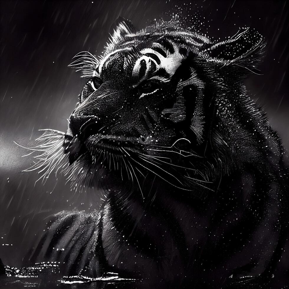 tigre dans le pluie. noir et blanc image. numérique peinture., ai génératif image photo