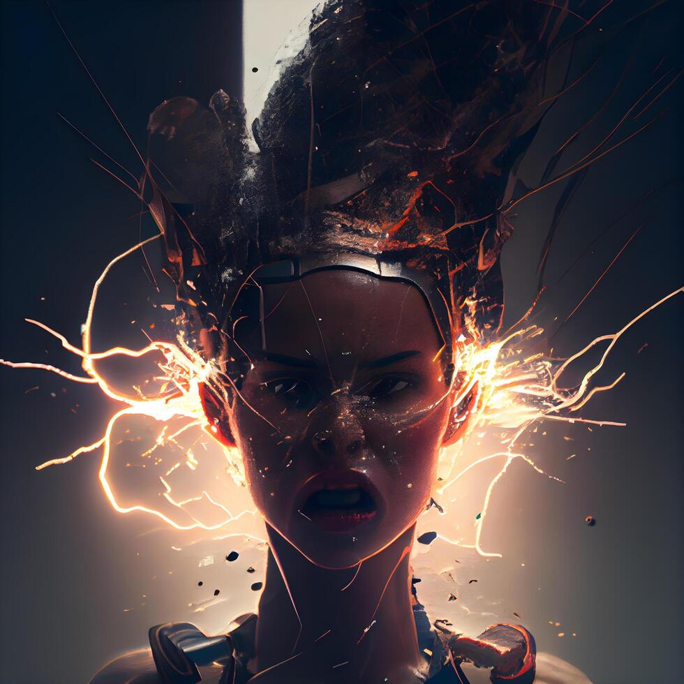 portrait de une magnifique femme avec électrique explosion sur sa affronter., ai génératif image photo