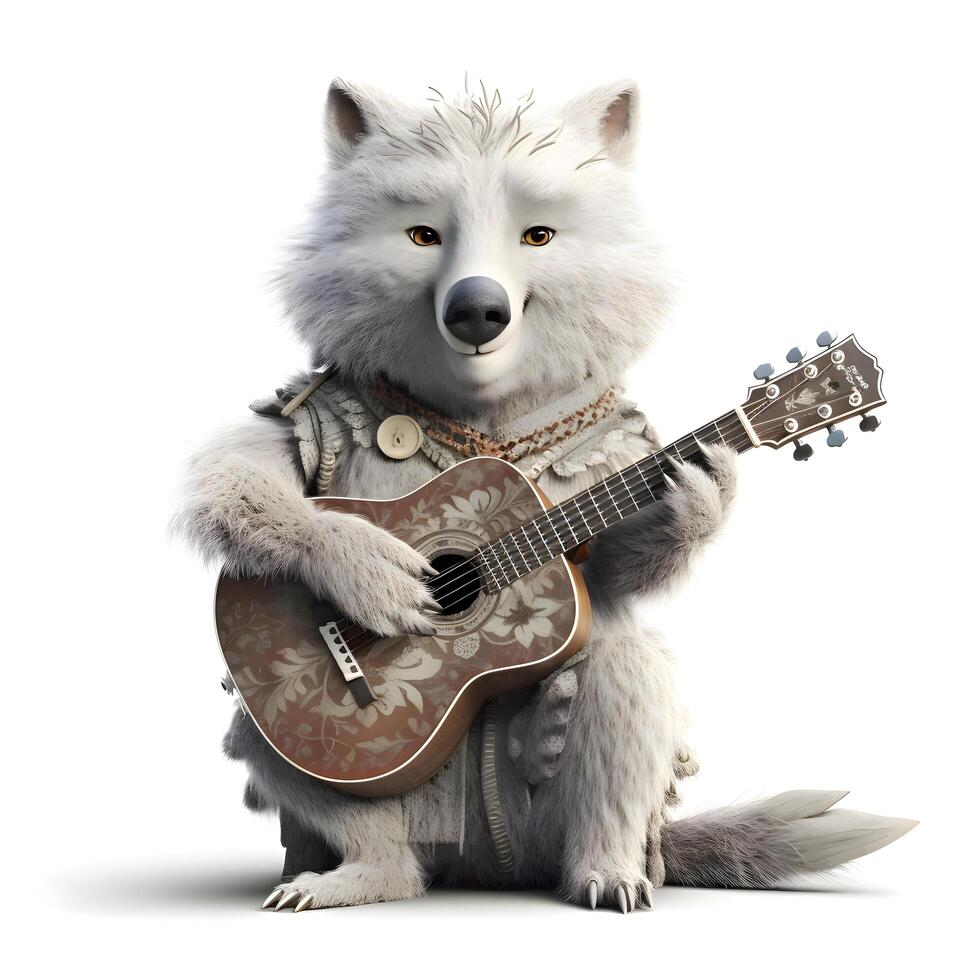3d le rendu de une mignonne Loup en jouant guitare isolé sur blanc arrière-plan, ai génératif image photo