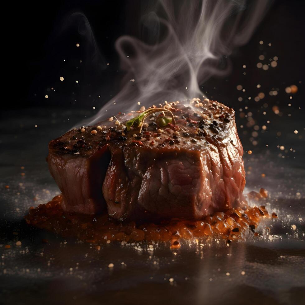 grillé du boeuf steak avec épices et fumée sur une foncé arrière-plan., ai génératif image photo