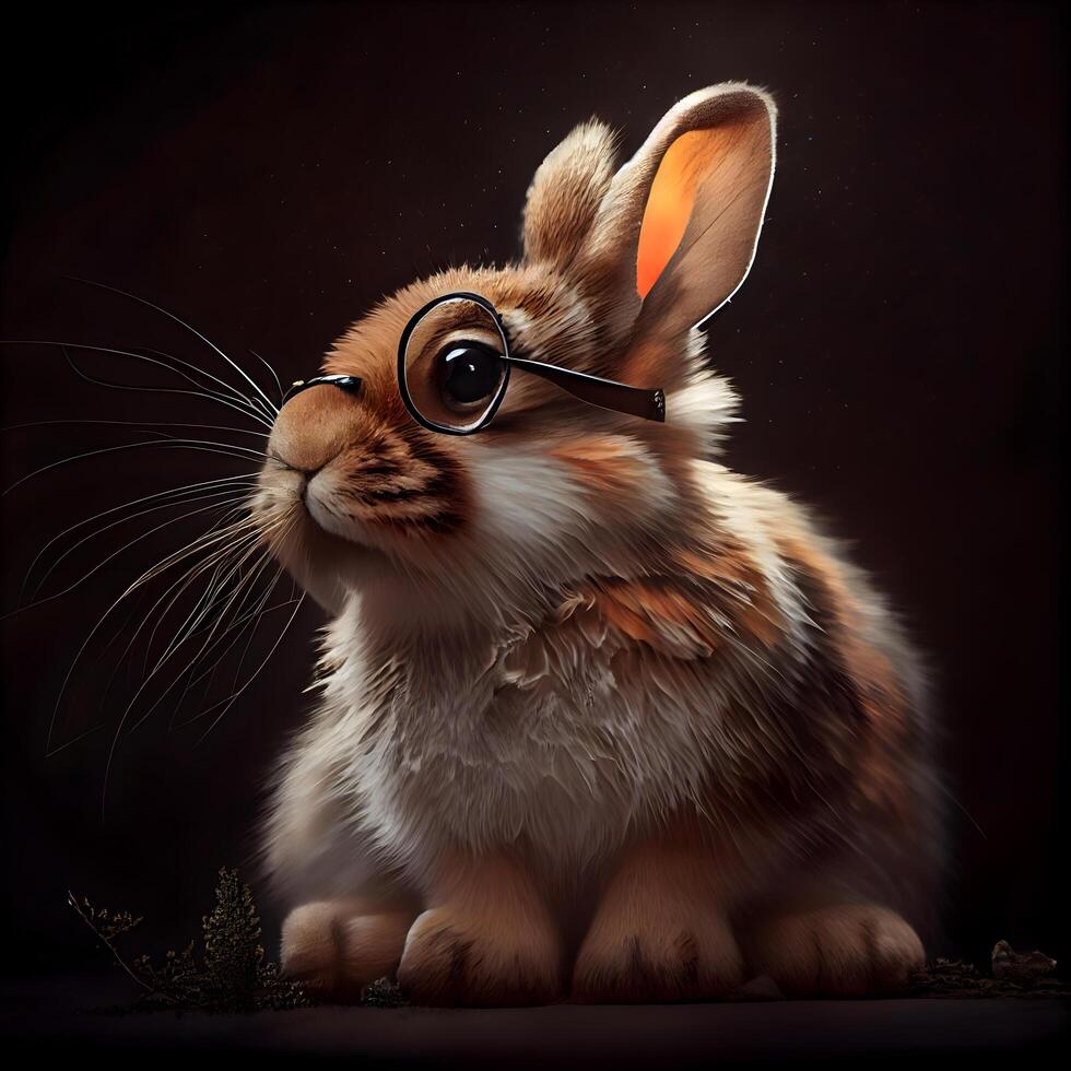 mignonne lapin avec des lunettes sur une foncé Contexte. animal thème., ai génératif image photo