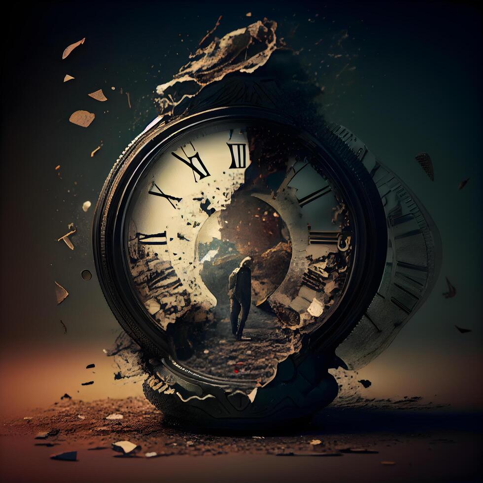 temps concept avec vieux l'horloge et cassé verre. 3d le rendu, ai génératif image photo