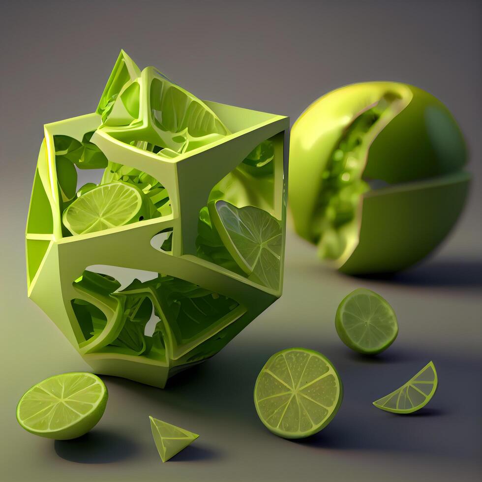 3d rendre de citron vert tranches dans une cube sur une gris arrière-plan, ai génératif image photo