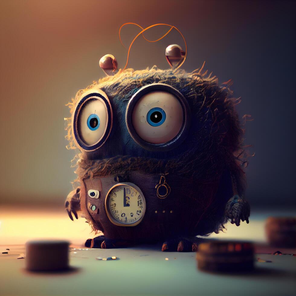 mignonne marrant monstre avec l'horloge et pièces de monnaie. 3d illustration., ai génératif image photo