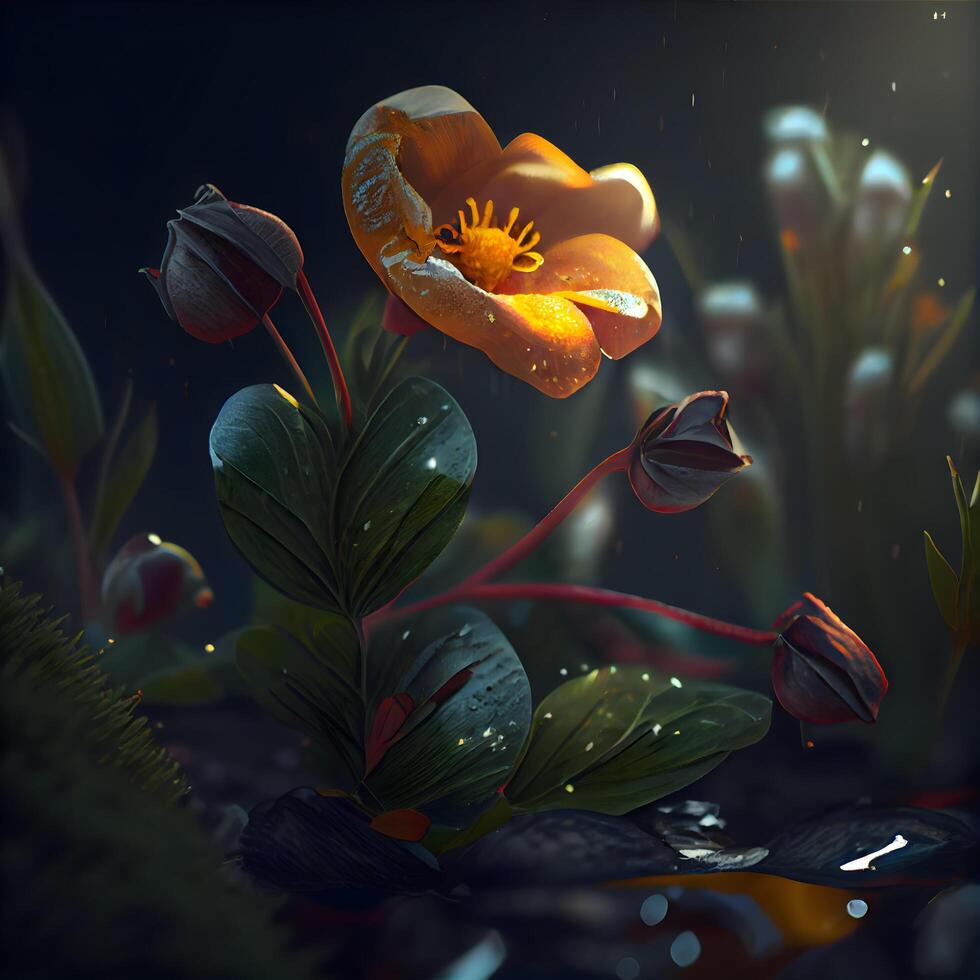 3d illustration de une fantaisie fleur dans le foncé avec l'eau gouttes, ai génératif image photo
