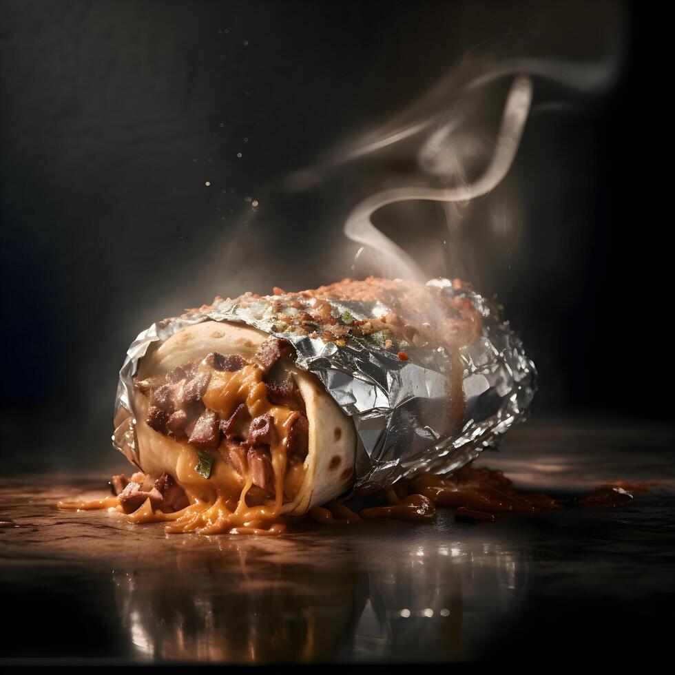 mexicain burrito avec bœuf, fromage et des légumes sur noir arrière-plan, ai génératif image photo