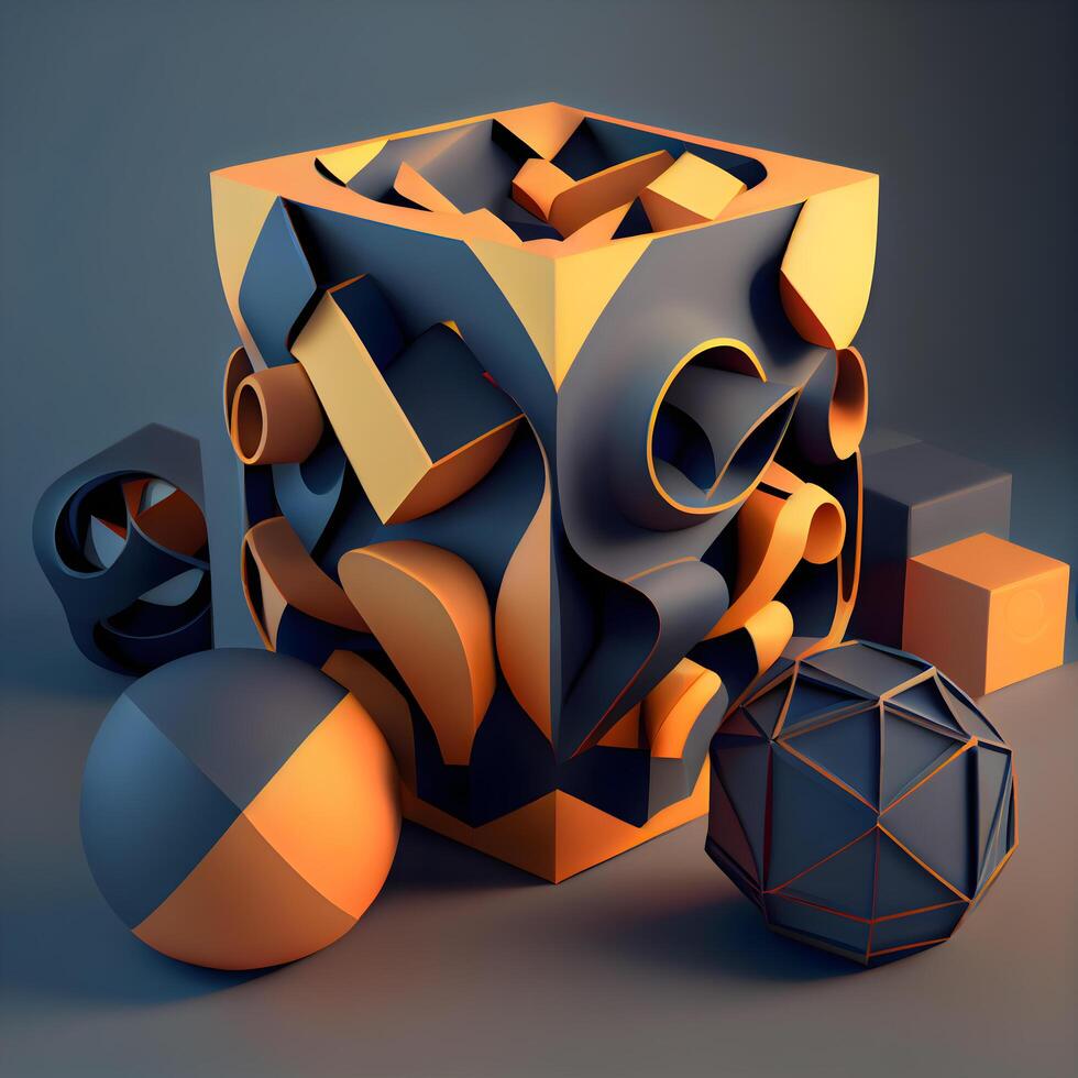 3d illustration de abstrait géométrique composition, cubes et sphère dans noir et Orange couleurs, ai génératif image photo