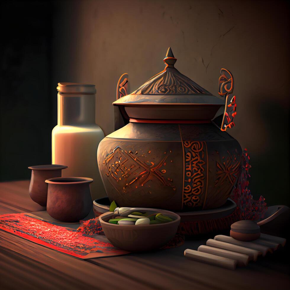3d illustration de argile pot sur en bois table dans Oriental style, ai génératif image photo