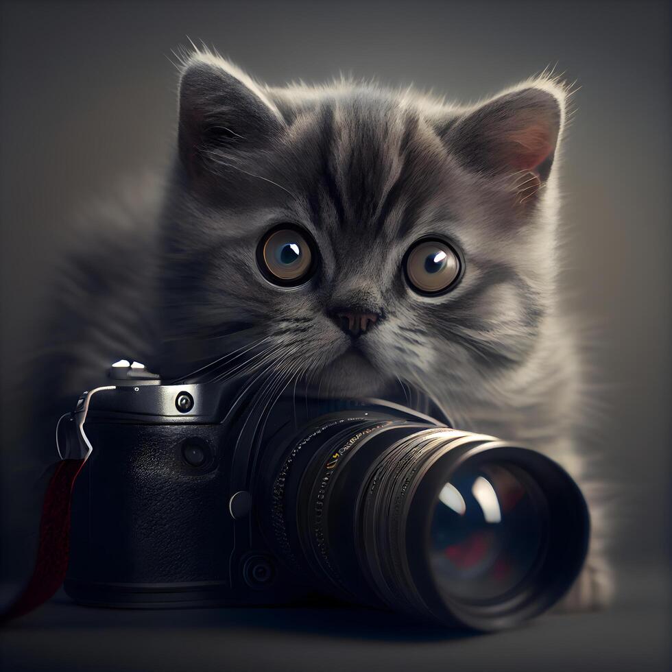 mignonne chaton avec une caméra sur une gris Contexte. animal thème, ai génératif image photo