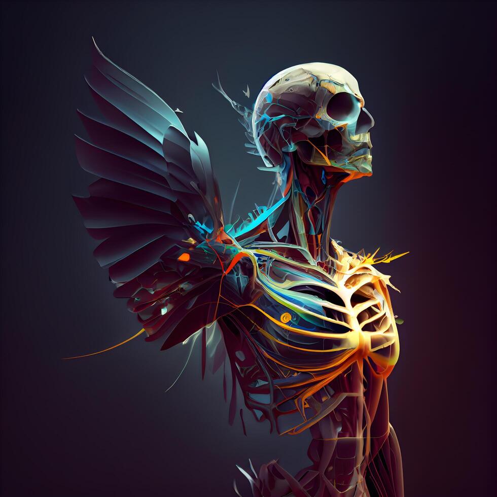 3d rendre de une Humain squelette anatomie avec embrasé ailes isolé sur noir arrière-plan, ai génératif image photo