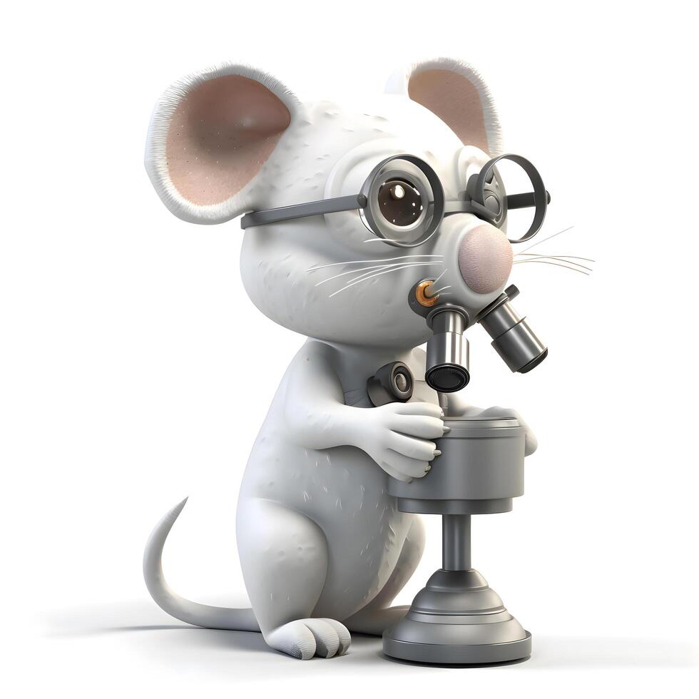 dessin animé Souris avec des lunettes et une microscope sur blanc Contexte. 3d illustration, ai génératif image photo