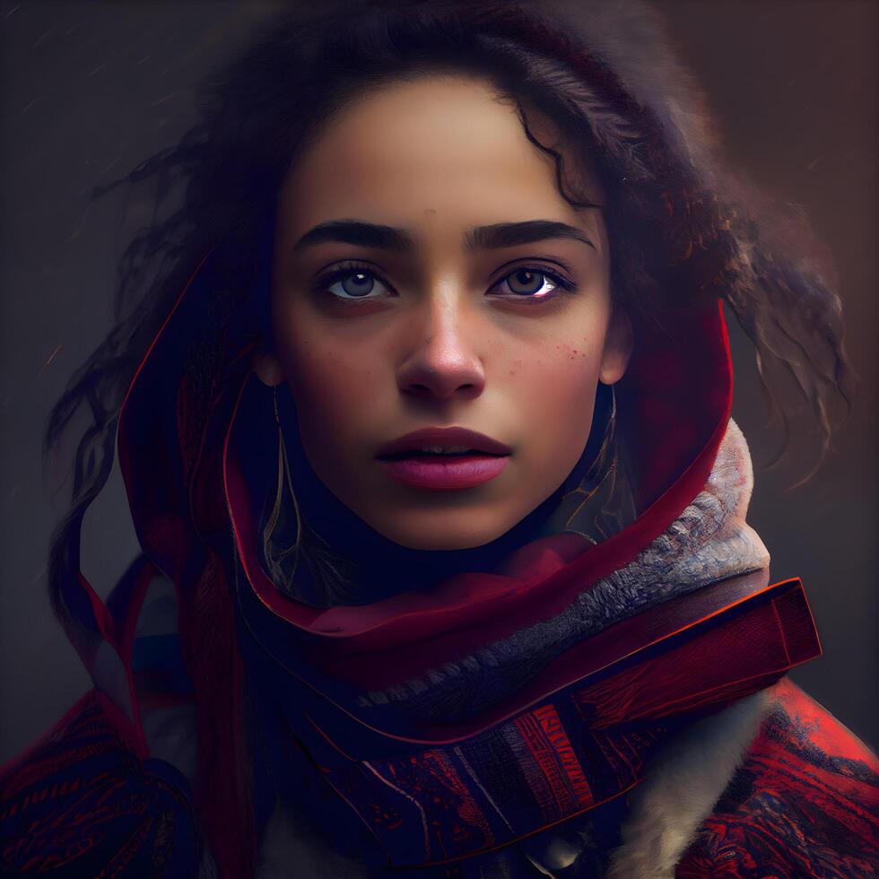 portrait de une magnifique fille dans une rouge manteau et foulard., ai génératif image photo