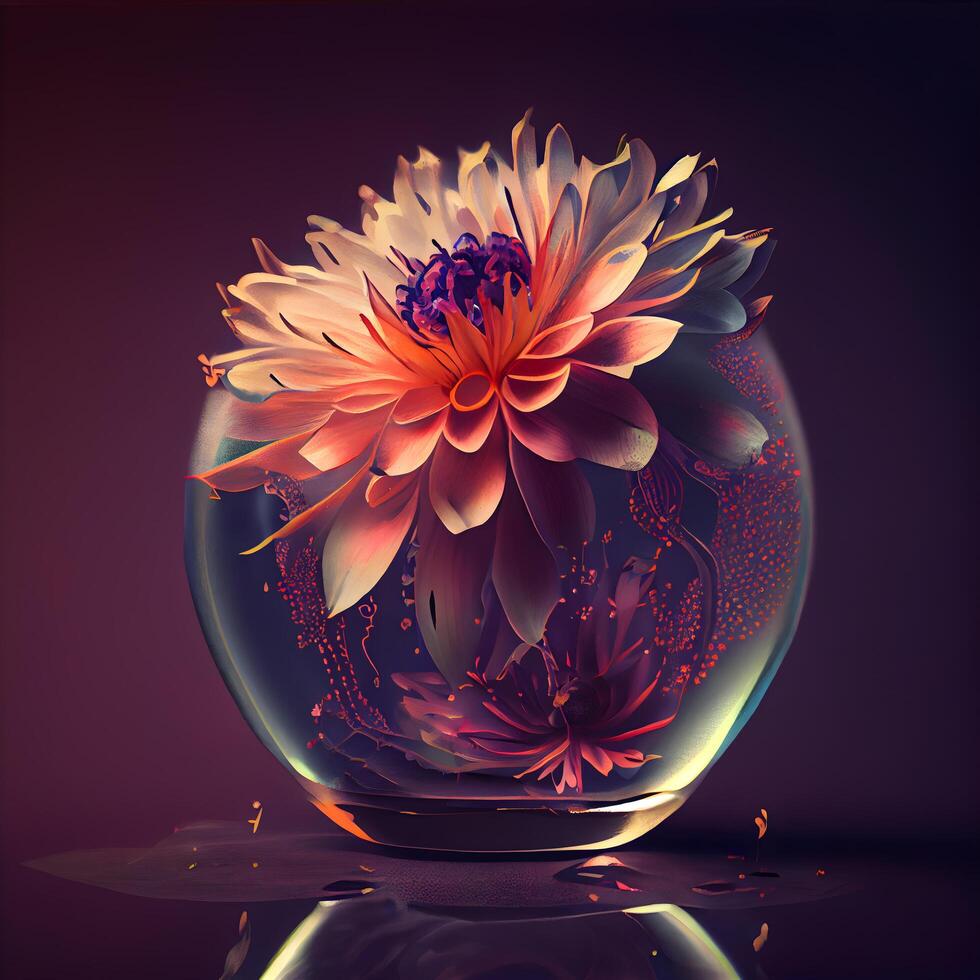 coloré dahlia dans une verre vase sur une foncé arrière-plan, ai génératif image photo