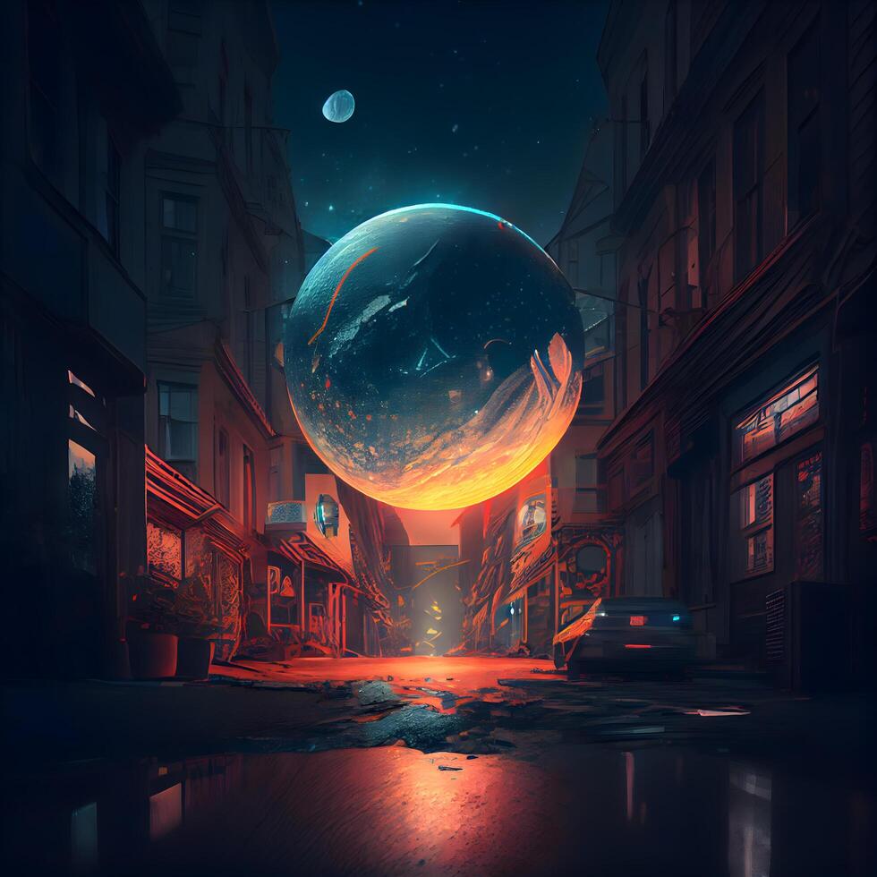 abstrait scène de une nuit ville avec une planète dans le centre, ai génératif image photo