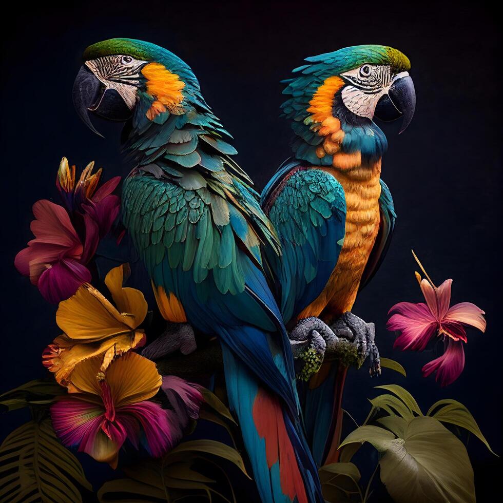 magnifique ara perroquets sur une noir Contexte avec tropical fleurs, ai génératif image photo