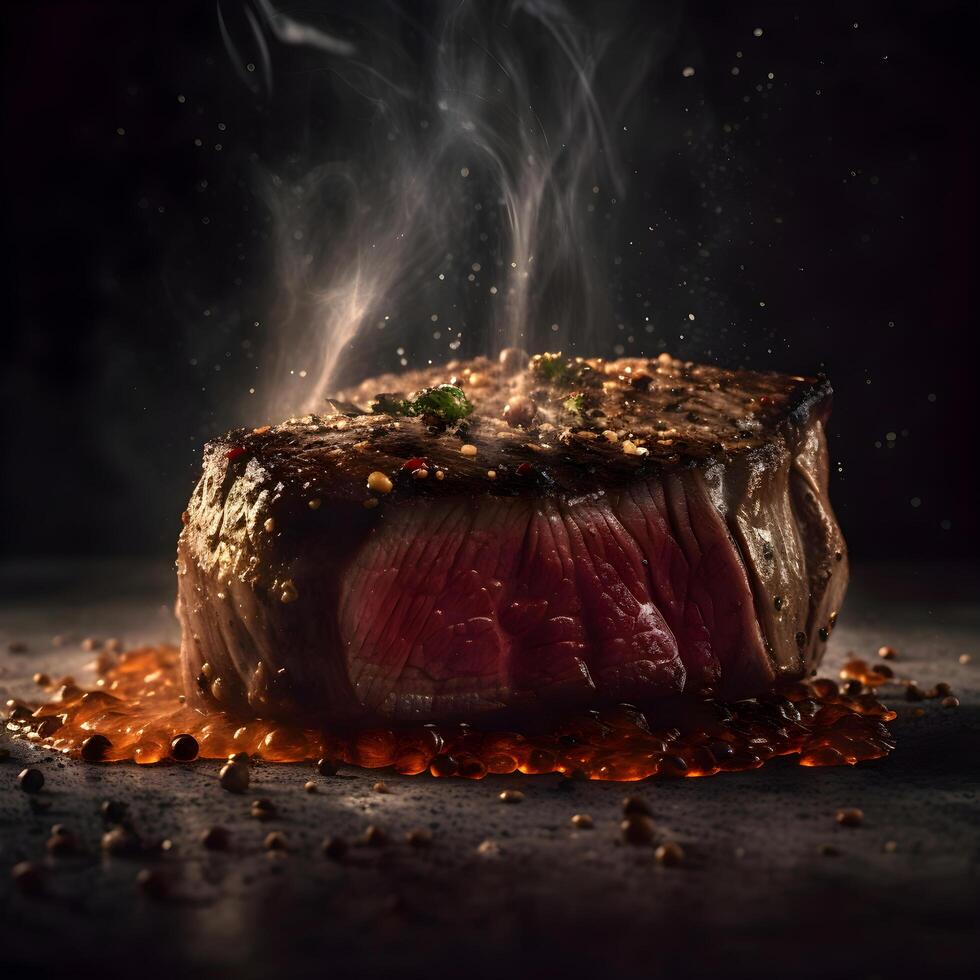 grillé du boeuf steak avec herbes et épices sur une noir arrière-plan., ai génératif image photo