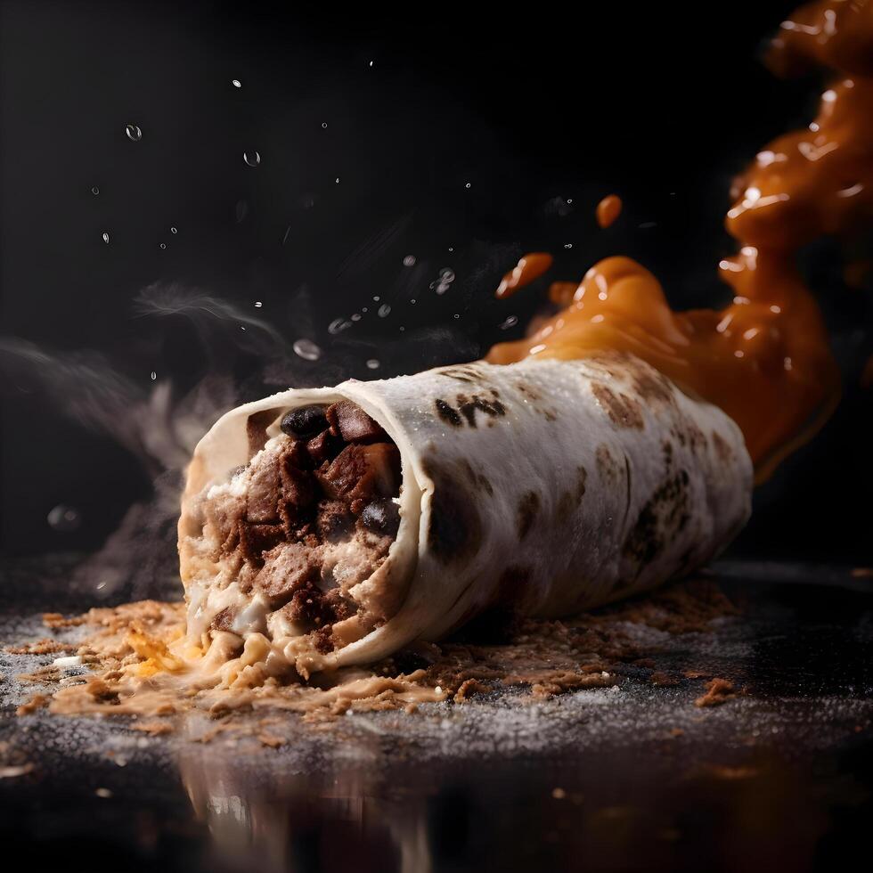 burrito avec Viande et des légumes sur une noir Contexte. tonique., ai génératif image photo