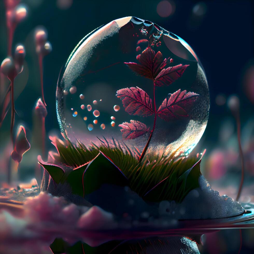 cristal Balle avec les plantes dans le neige, 3d illustration., ai génératif image photo