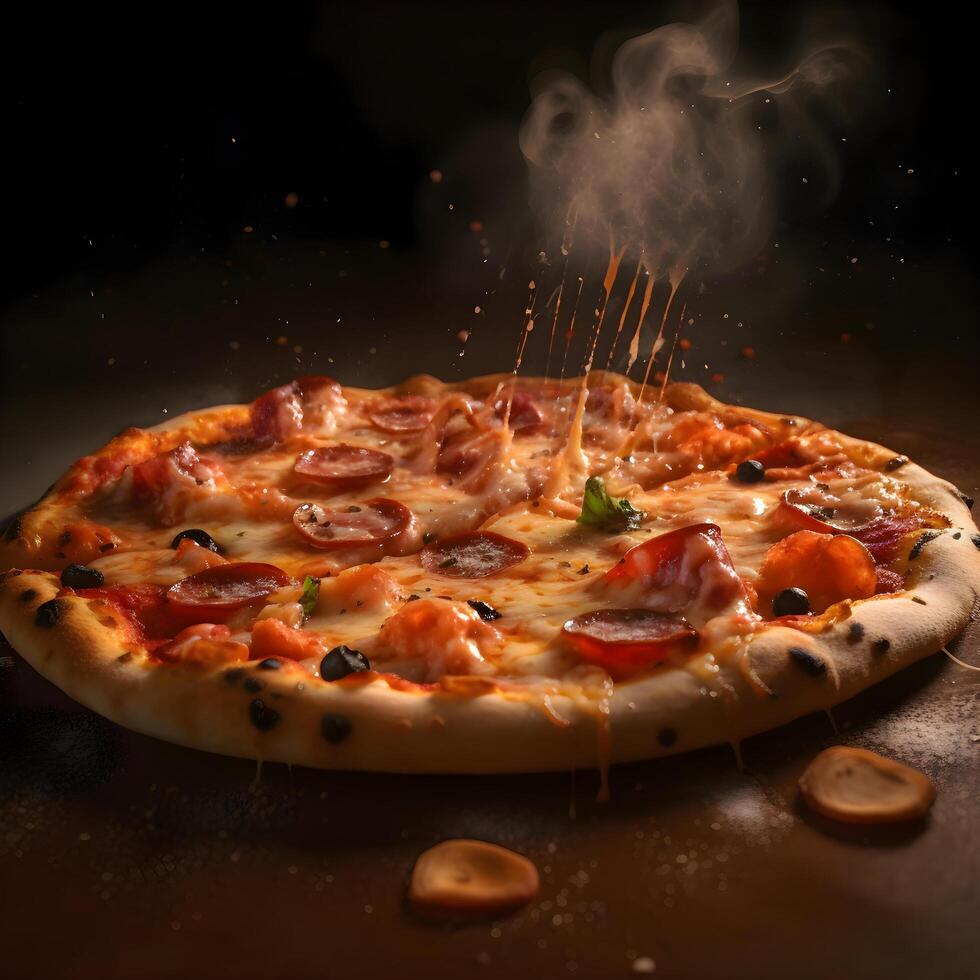 Pizza avec jambon et mozzarella sur une foncé arrière-plan., ai génératif image photo