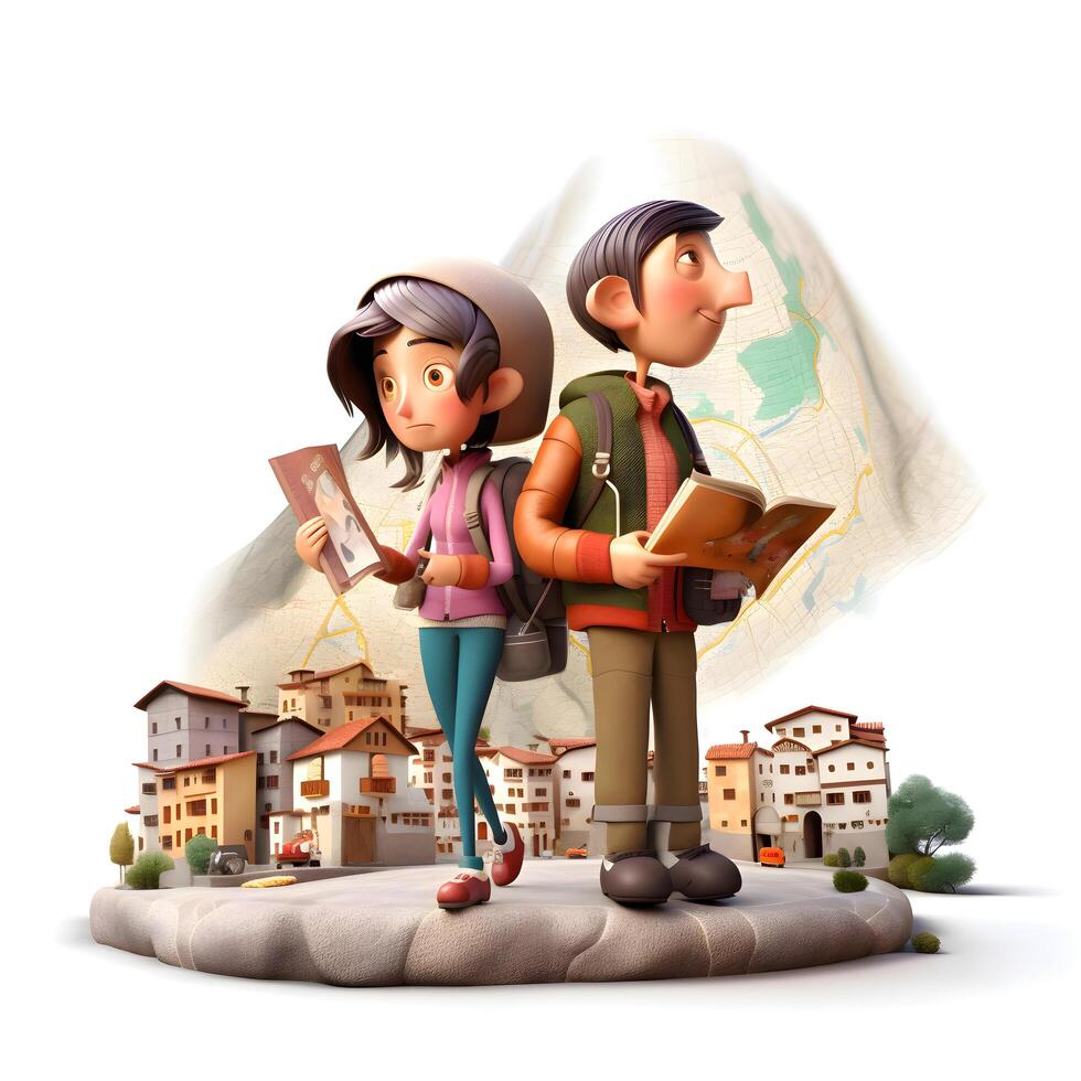 3d illustration de une Jeune couple avec une sac à dos et chapeau, ai génératif image photo