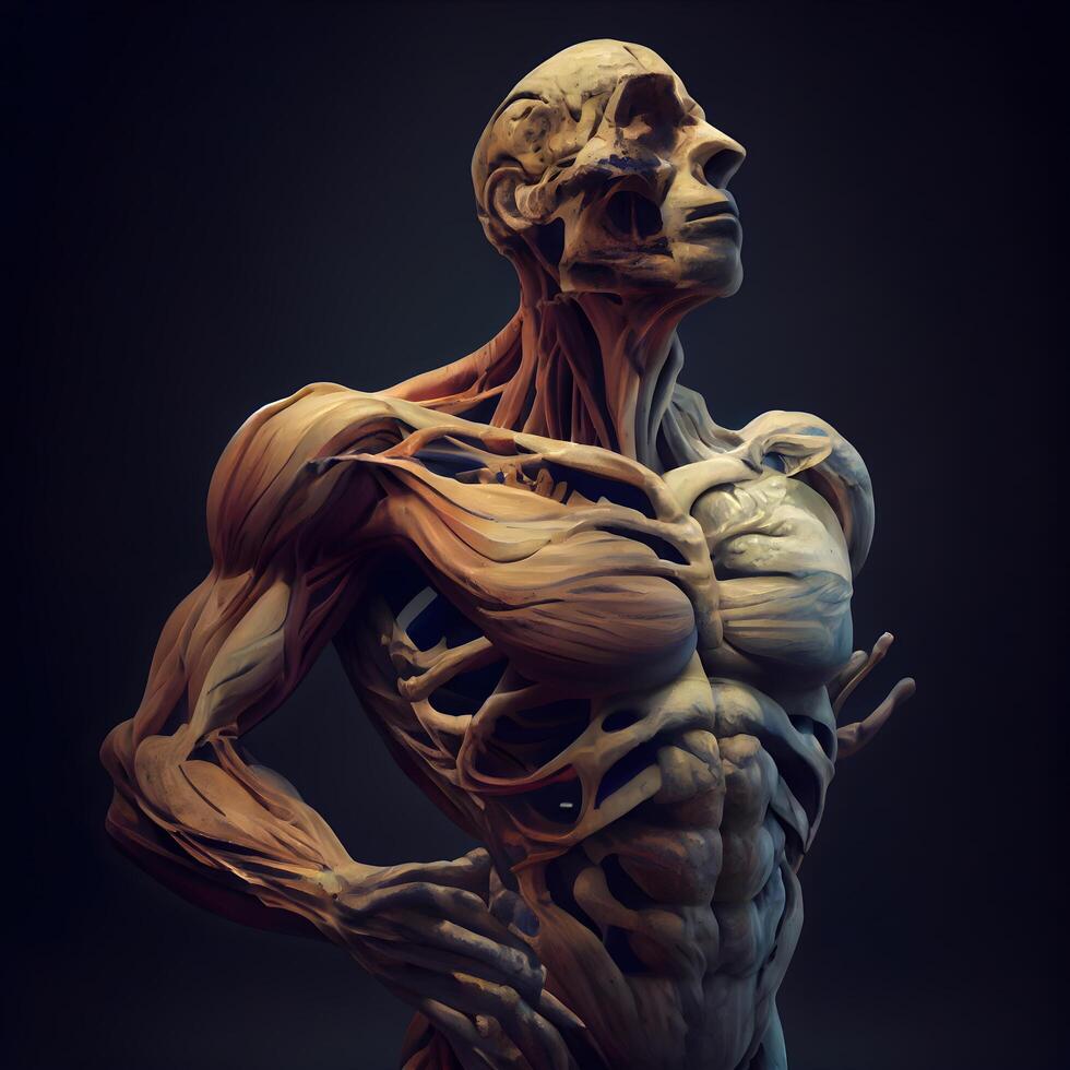 conceptuel anatomie Humain corps avec muscles sur foncé arrière-plan., ai génératif image photo