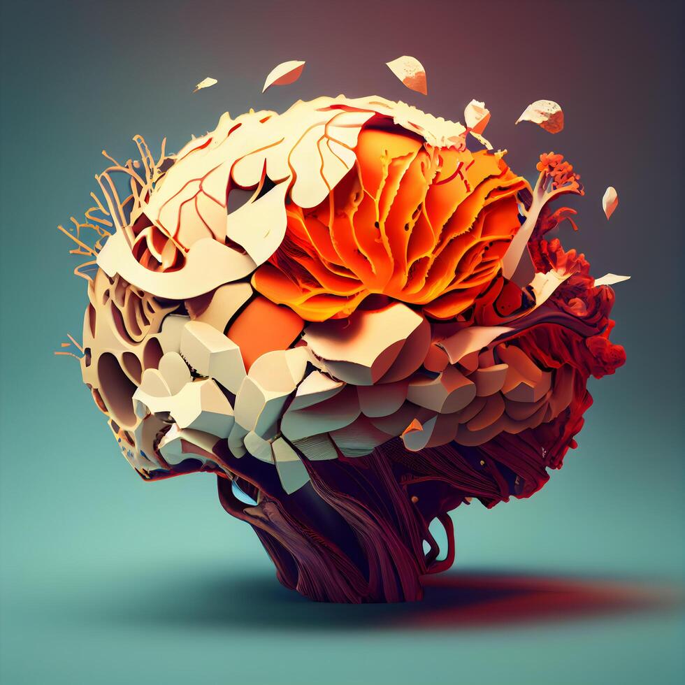 3d le rendu de une cerveau fabriqué de rouge et Orange fleurs., ai génératif image photo