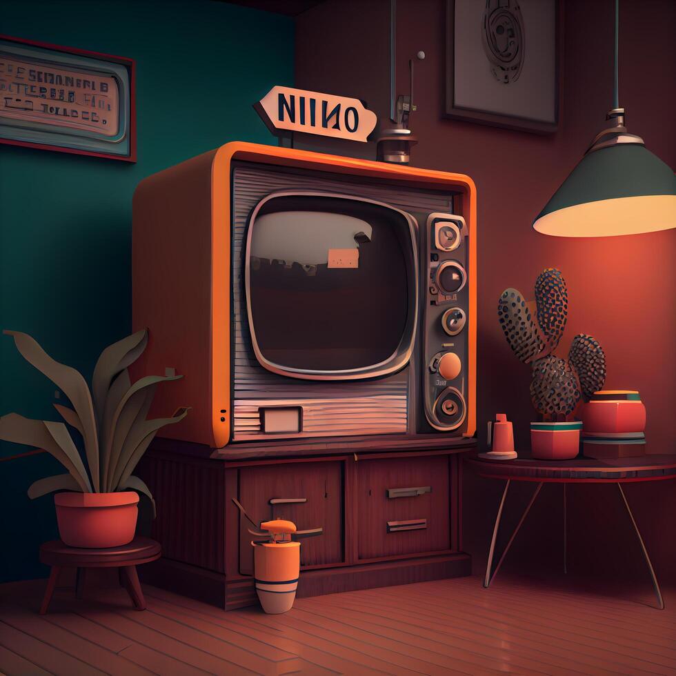 rétro la télé dans le vivant chambre. 3d rendre illustration., ai génératif image photo