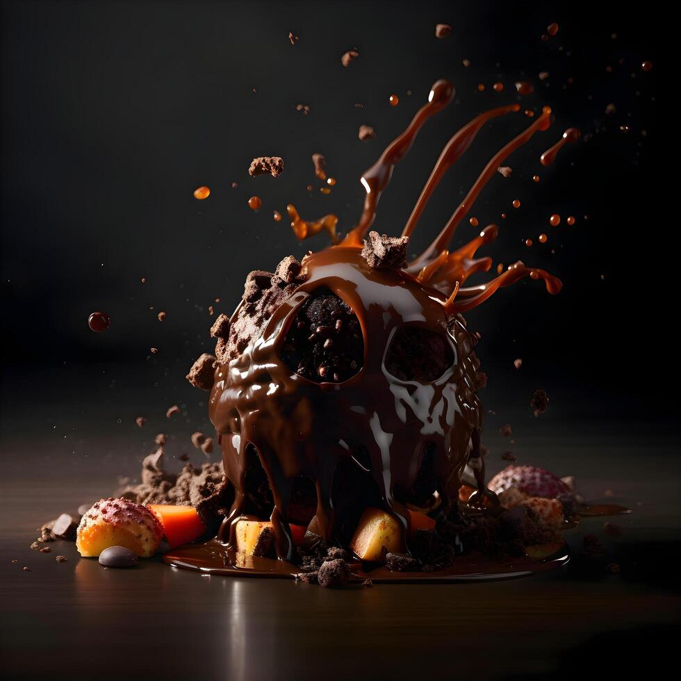 Chocolat éclabousser en dehors de une Chocolat gâteau avec des sucreries sur une foncé arrière-plan, ai génératif image photo