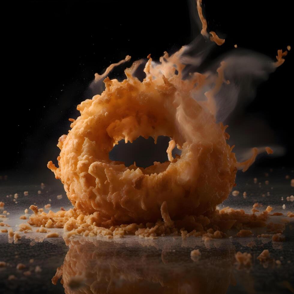 chute Donut dans le air sur une noir Contexte. mouvement., ai génératif image photo