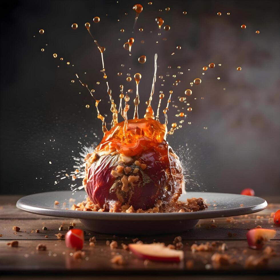 cuit Pomme avec caramélisé pommes sur une en bois table avec éclaboussures., ai génératif image photo