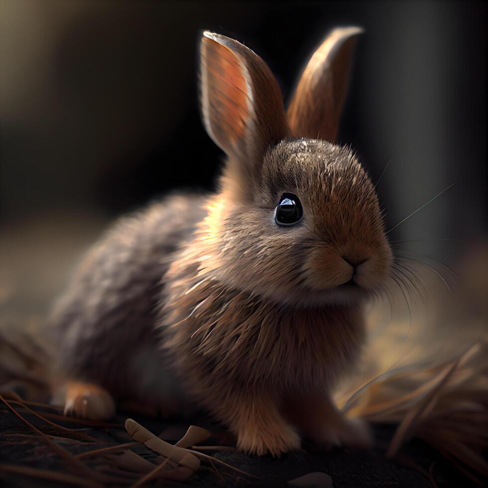 mignonne peu lapin sur une noir Contexte. 3d le rendu., ai génératif image photo