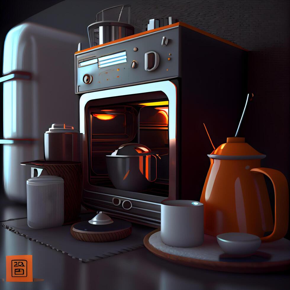 3d rendre de une moderne espace de travail avec une ordinateur, une café fabricant, une tasse et une livre., ai génératif image photo