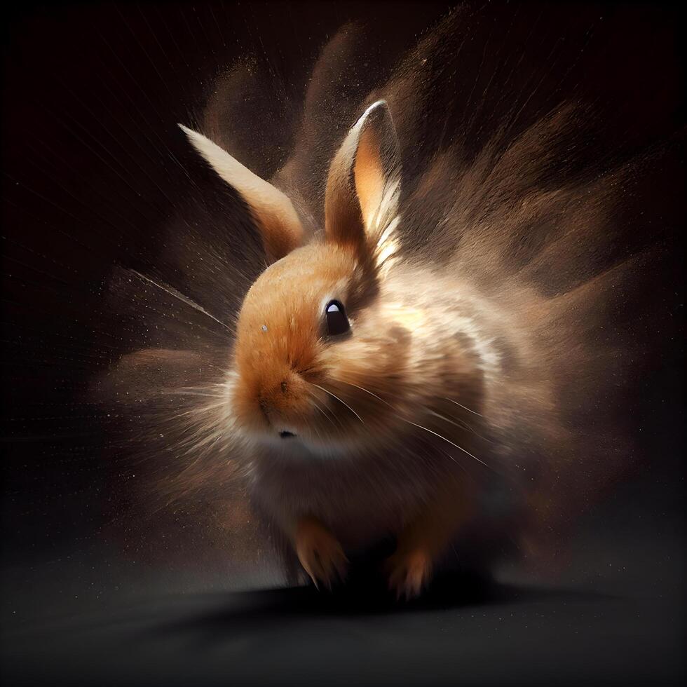 image de une mignonne peu lapin sur une foncé Contexte avec lumière effets, ai génératif image photo