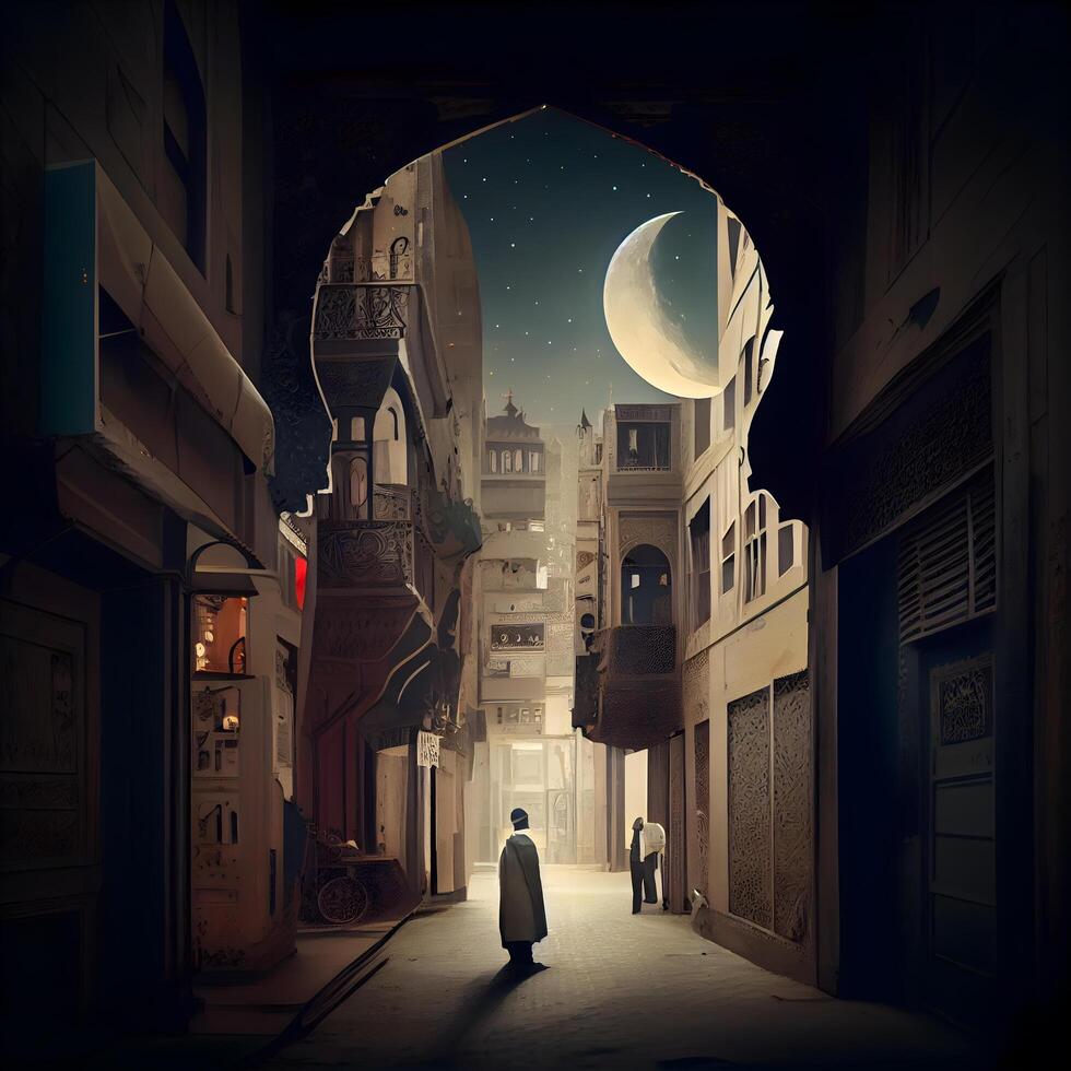 Ramadan kareem salutation carte. musulman homme en marchant dans le rue à nuit, ai génératif image photo