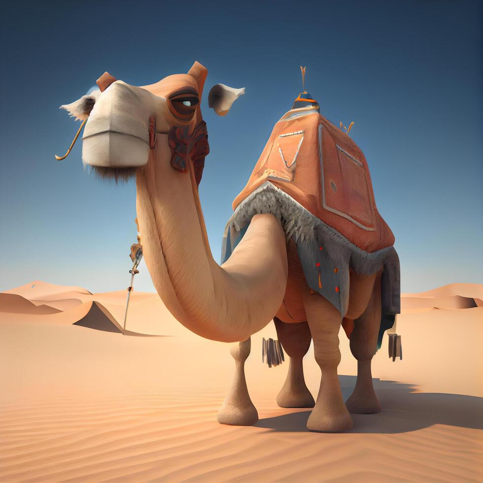 chameau dans le désert. 3d le rendu. ordinateur numérique dessin., ai génératif image photo