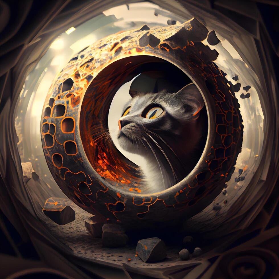 mystérieux chat à la recherche par une trou dans le mur. 3d le rendu, ai génératif image photo