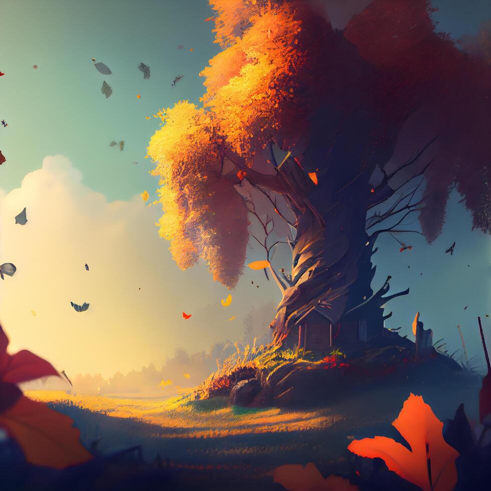 fantaisie paysage avec hanté maison dans l'automne forêt. numérique peinture., ai génératif image photo