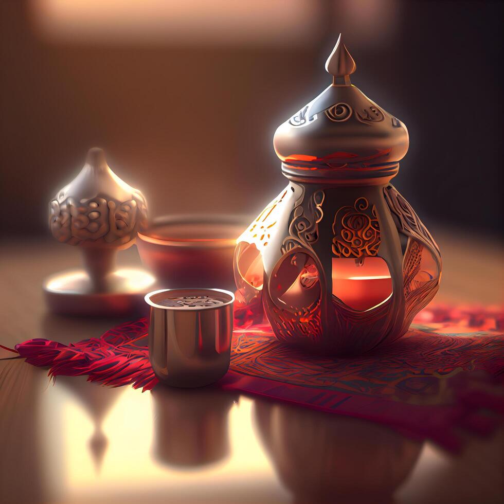 arabe thé la cérémonie avec théière et tasse, 3d le rendu, ai génératif image photo