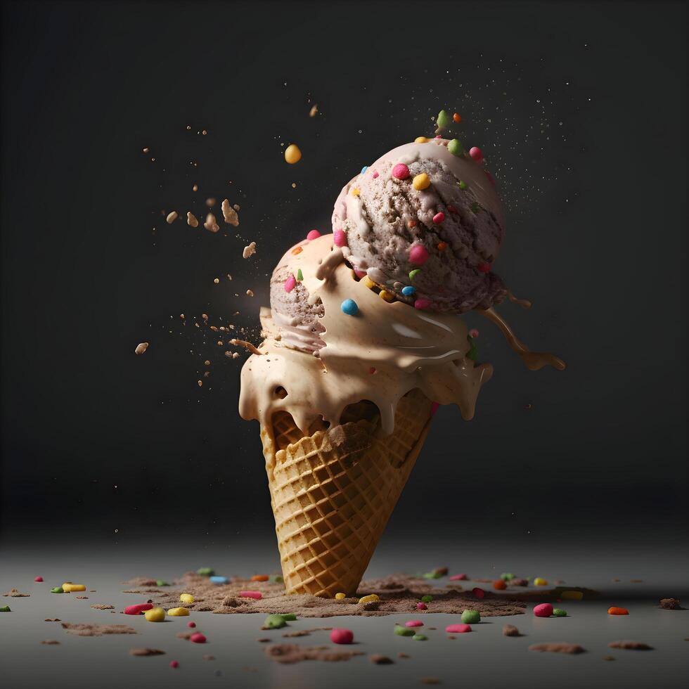 la glace crème éclabousser en dehors de une gaufre cône sur une marron Contexte photo