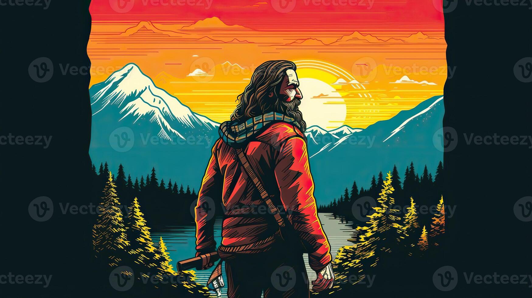 ai généré. ai génératif. aventure Extérieur la nature de motivation affiche avec homme permanent dans à partir de de une Montagne. graphique art photo