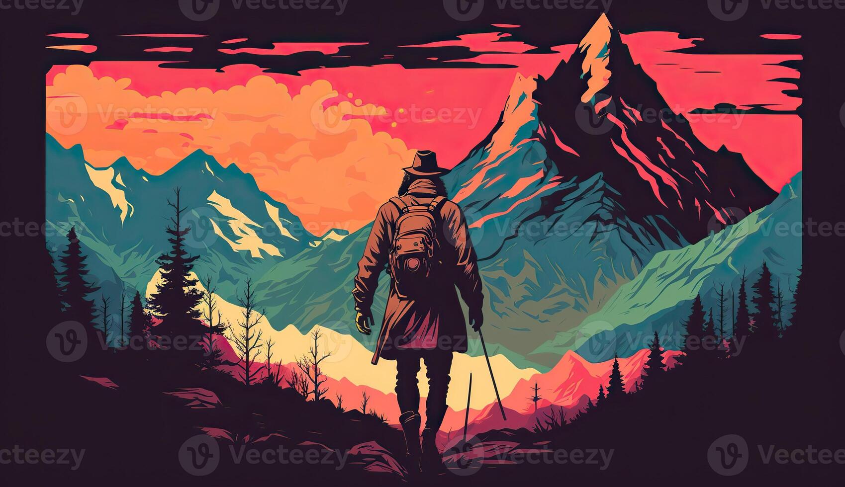 ai généré. ai génératif. aventure Extérieur la nature de motivation affiche avec homme permanent dans à partir de de une Montagne. graphique art photo