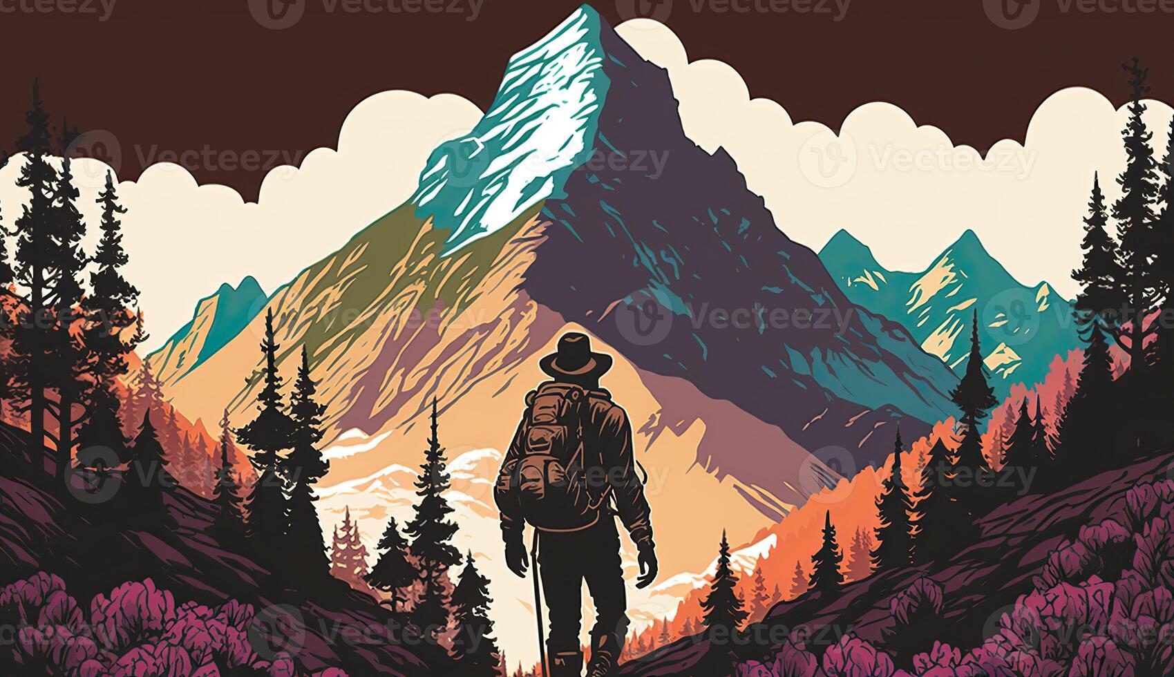 ai généré. ai génératif. aventure Extérieur la nature de motivation affiche avec homme permanent dans à partir de de une Montagne. graphique art photo